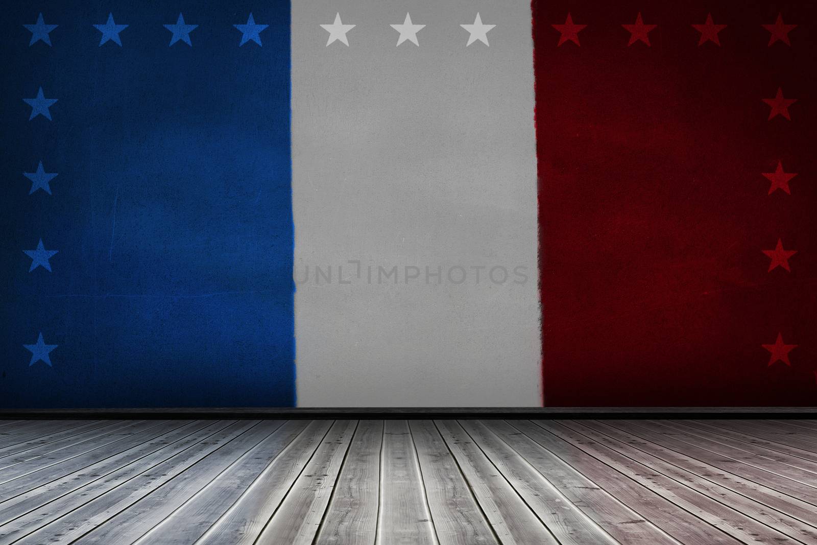 Usa national flag against big room with white wall