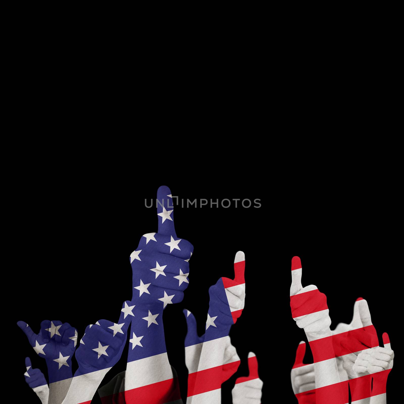 Hands showing thumbs up against black