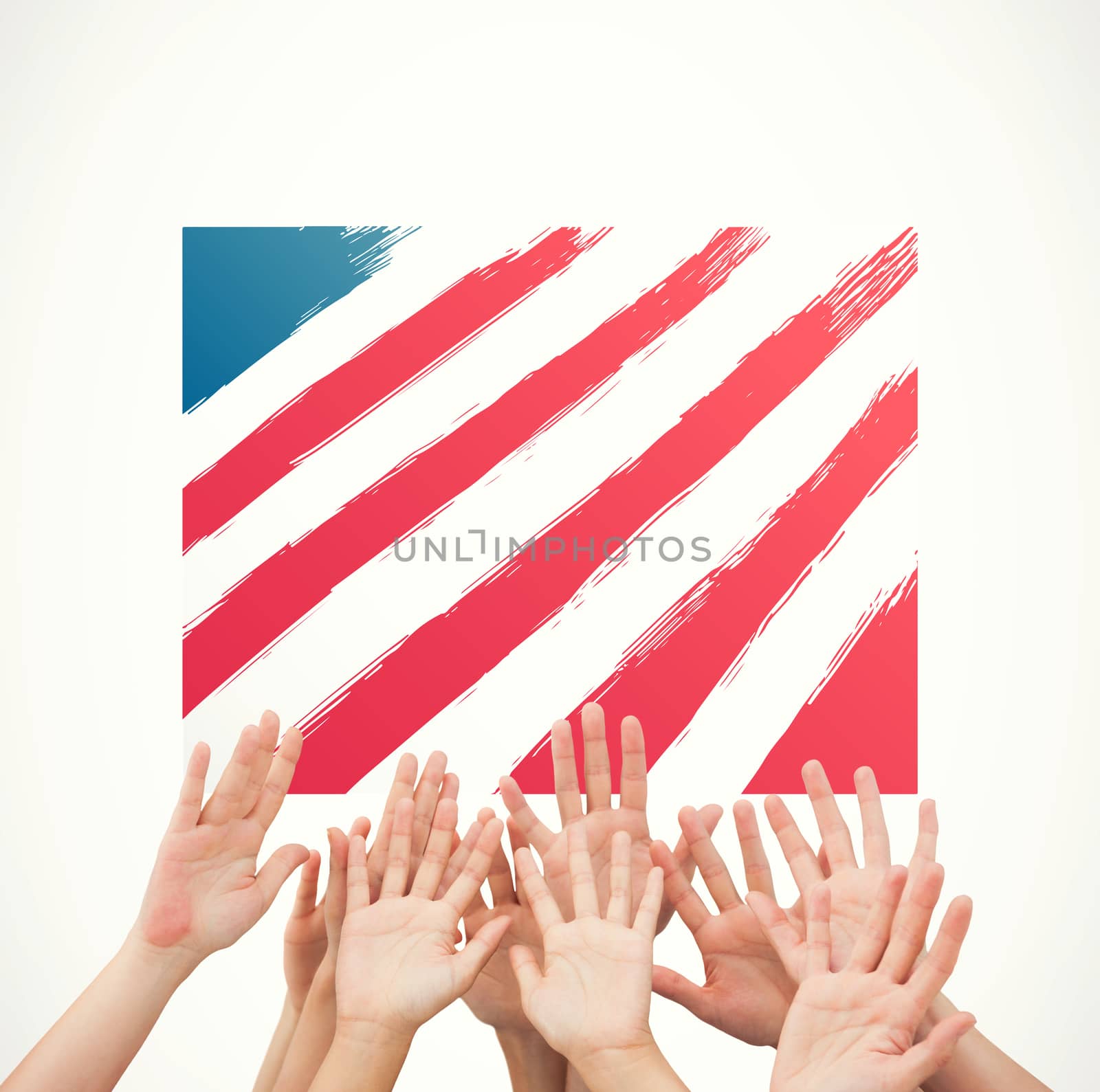 People raising hands in the air against white background with vignette