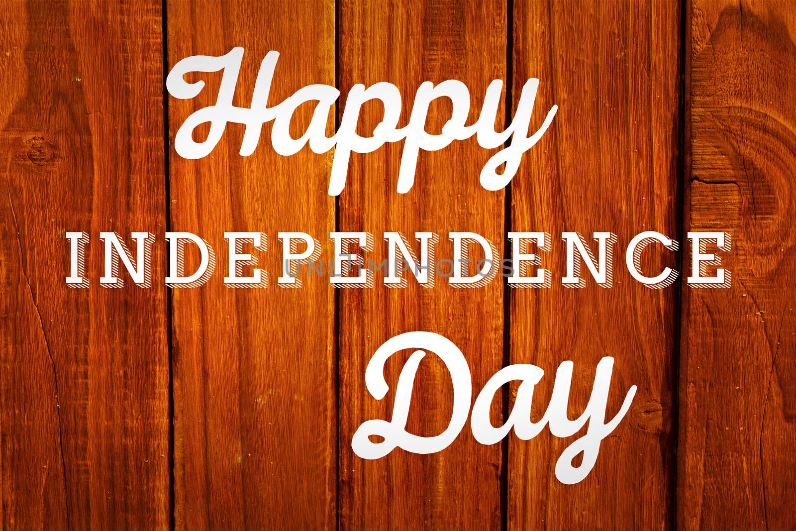 Independence day graphic against overhead of wooden planks