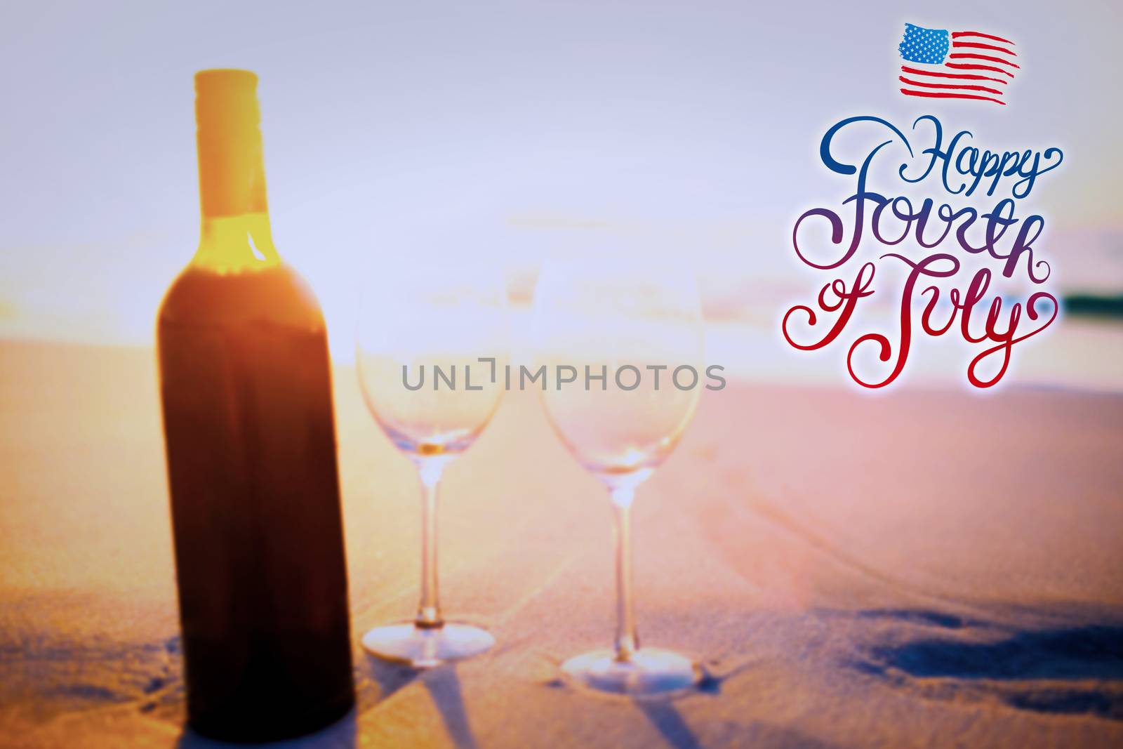 Independence day graphic against bottle of wine with two glasses