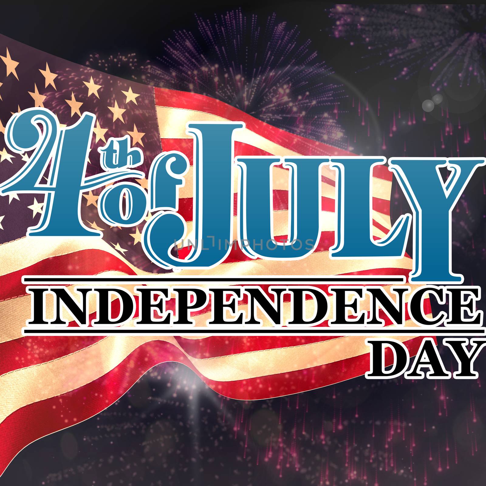 Independence day graphic against colourful fireworks exploding on black background
