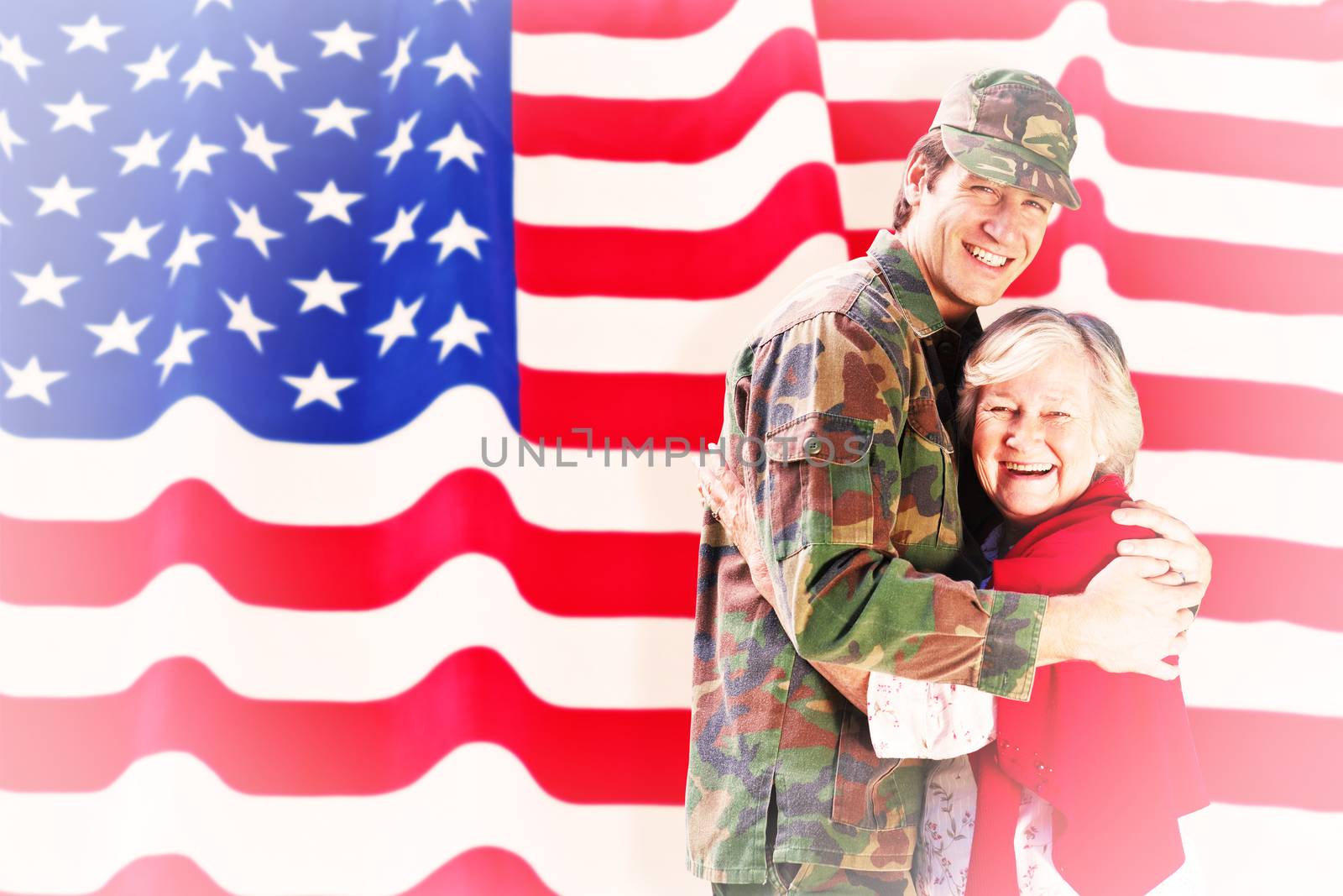 Solider reunited with mother against rippled us flag
