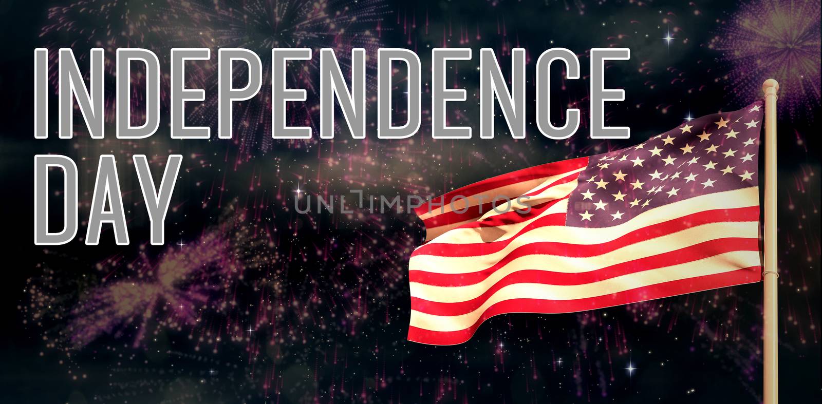 Independence day graphic against colourful fireworks exploding on black background