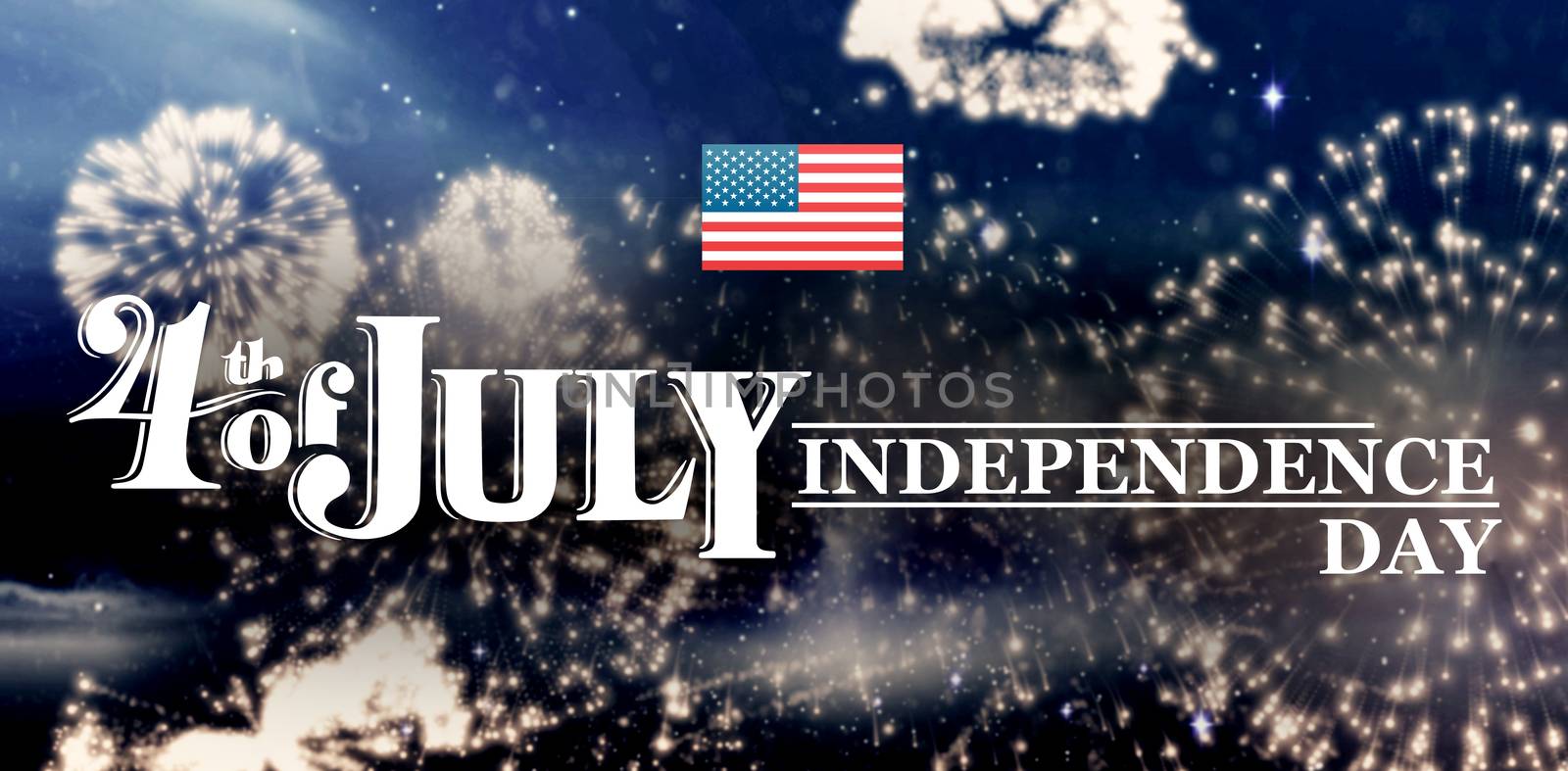 Independence day graphic against white fireworks exploding on black background