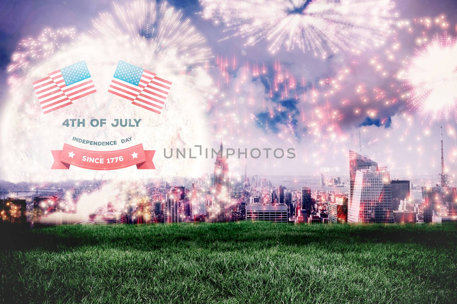 Independence day graphic against colourful fireworks exploding on black background