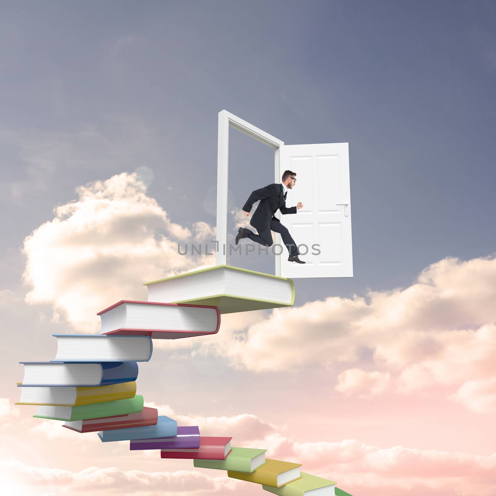 Geeky young businessman running mid air against blue sky with white clouds