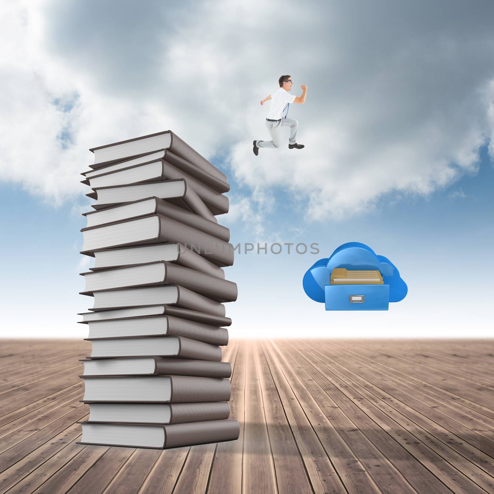 Geeky happy businessman running mid air against cloudy sky background