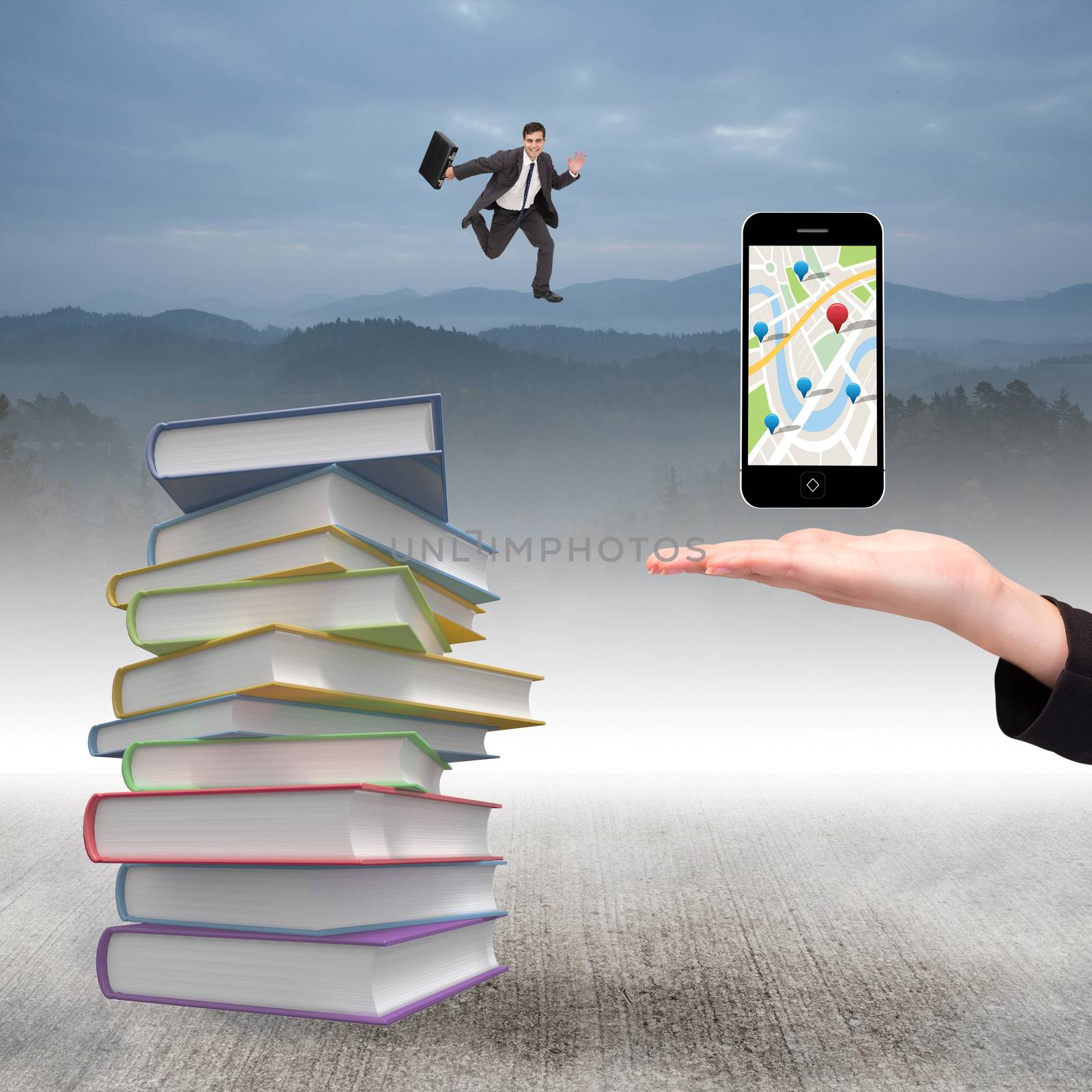 Smiling businessman in a hurry against stack of books