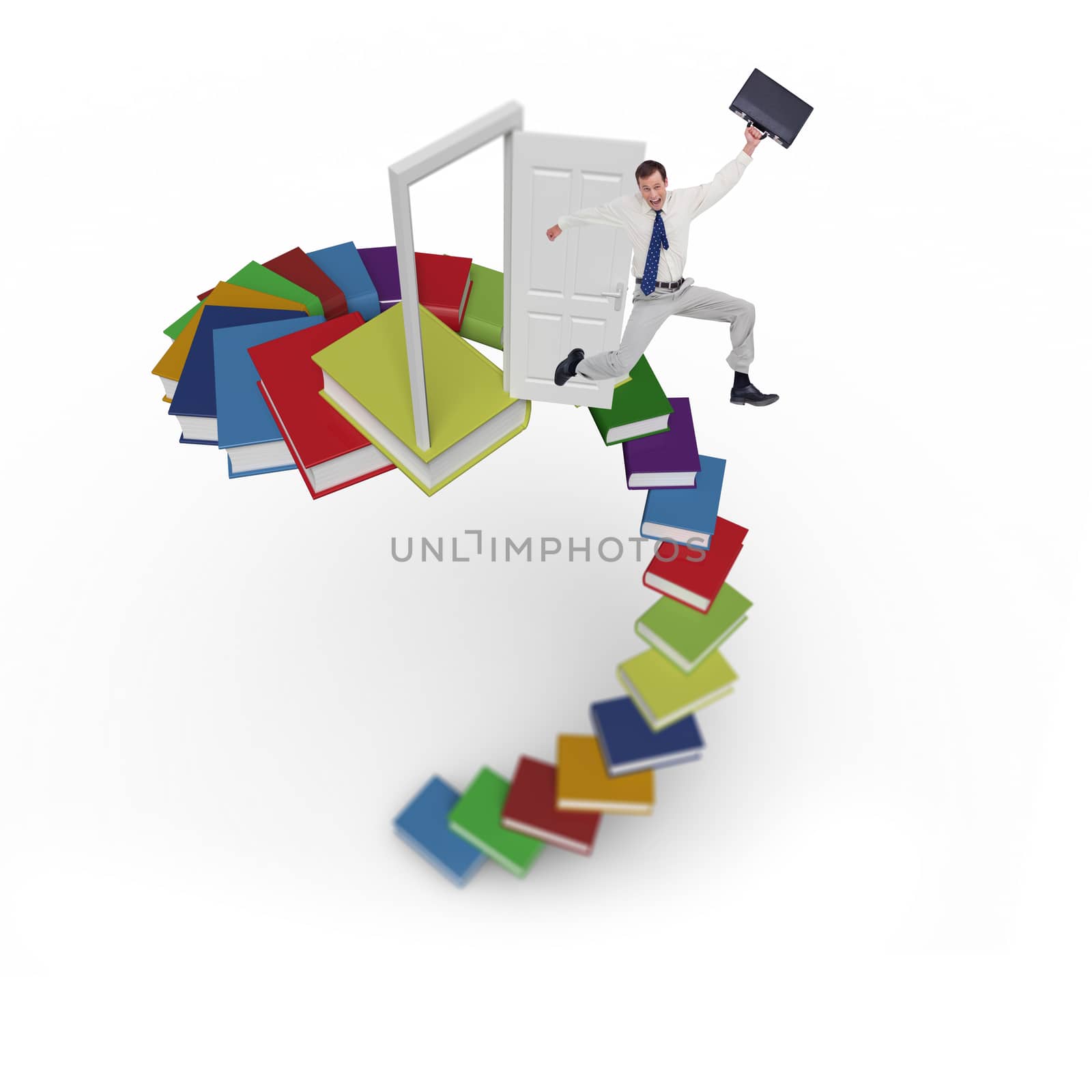 Cheerful jumping businessman with his suitcase against white background with vignette