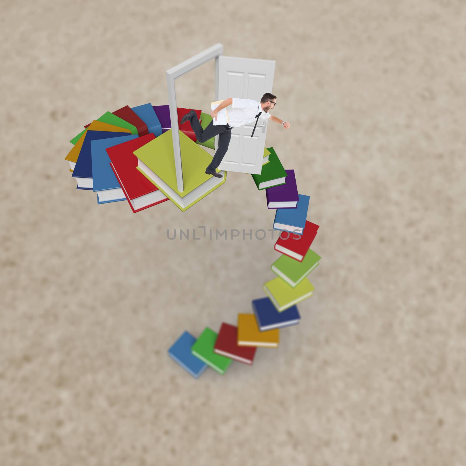 Geeky young businessman running late against path