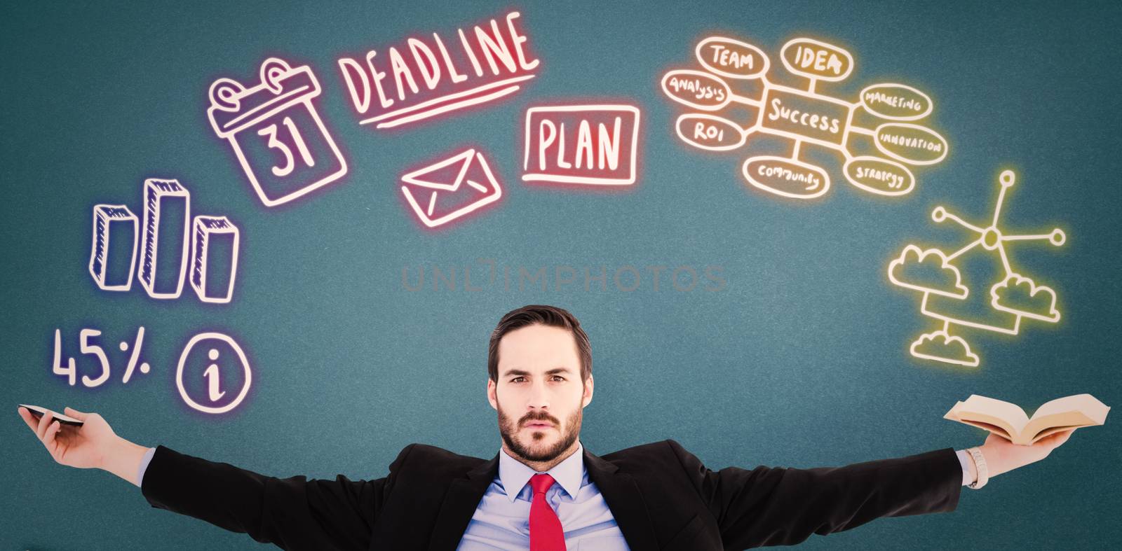 Unsmiling businessman sitting with arms outstretched against blue background