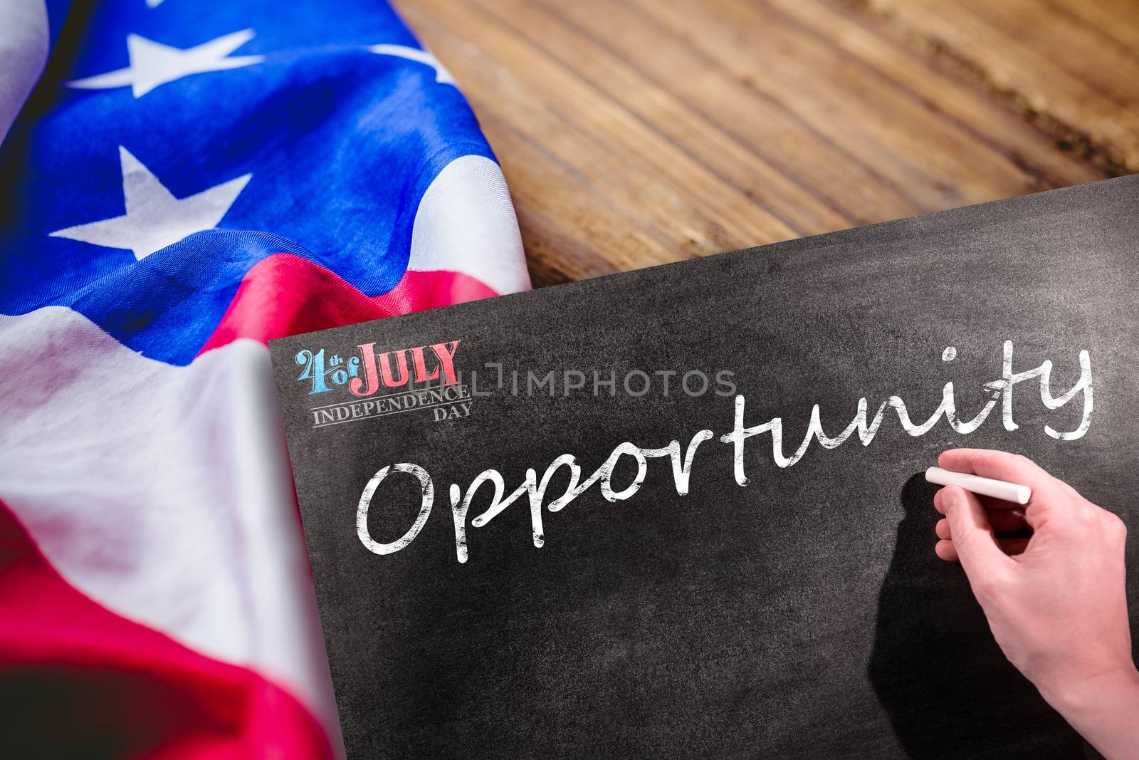 Independence day graphic against man drawing on chalkboard