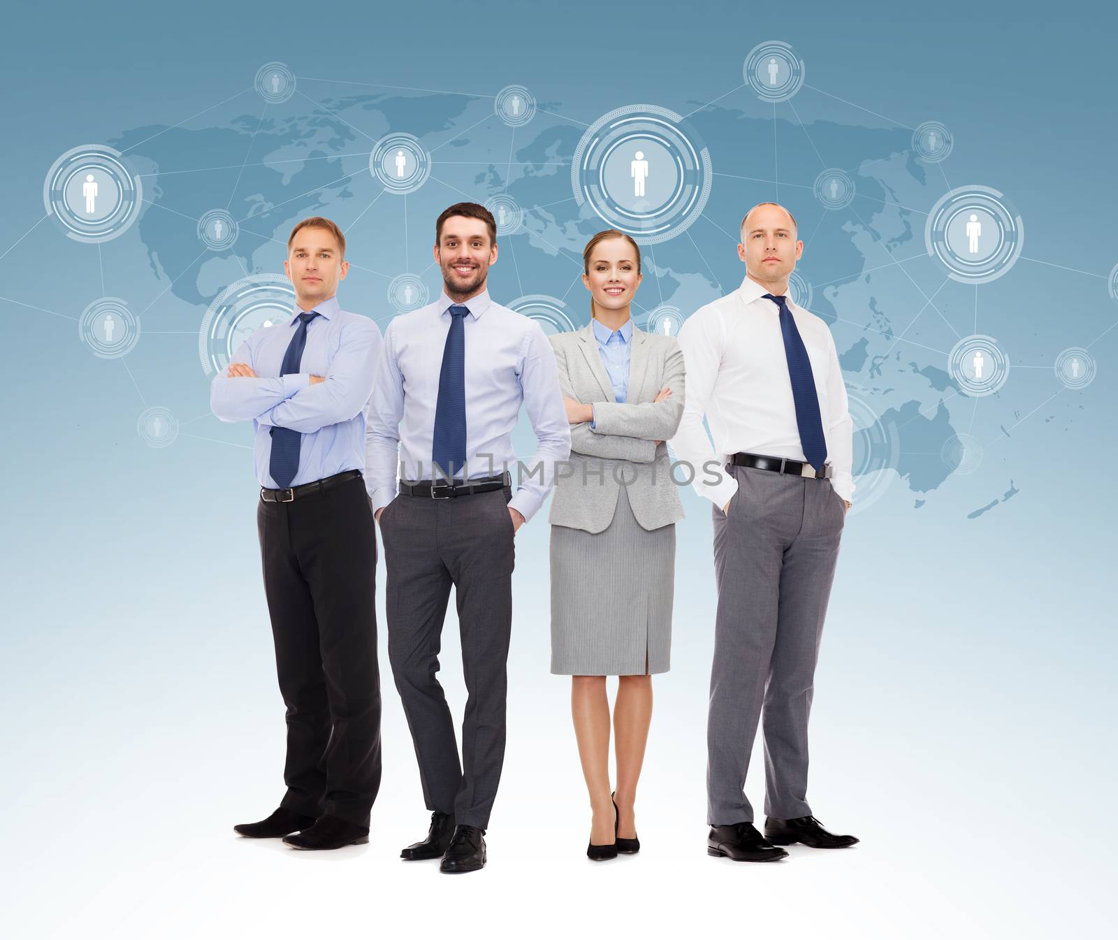 business, teamwork, connection and people concept - group of smiling businessmen over world map and contact icons background