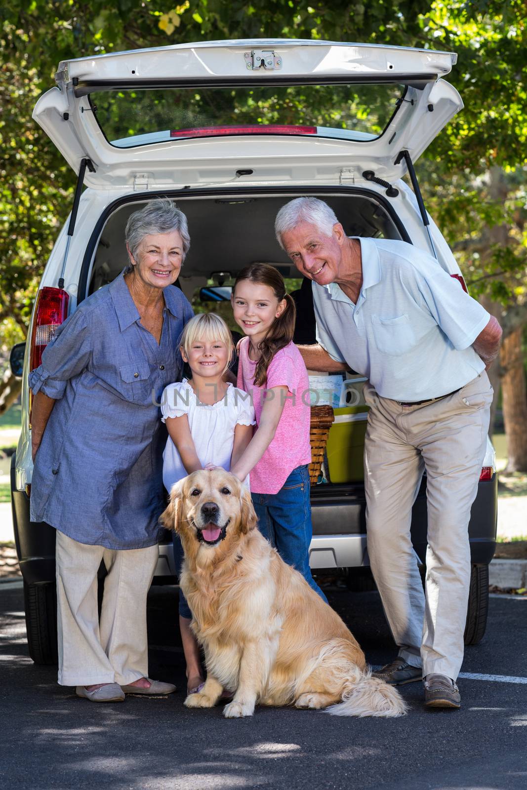 Grandparents going on road trip with grandchildren on a sunny day