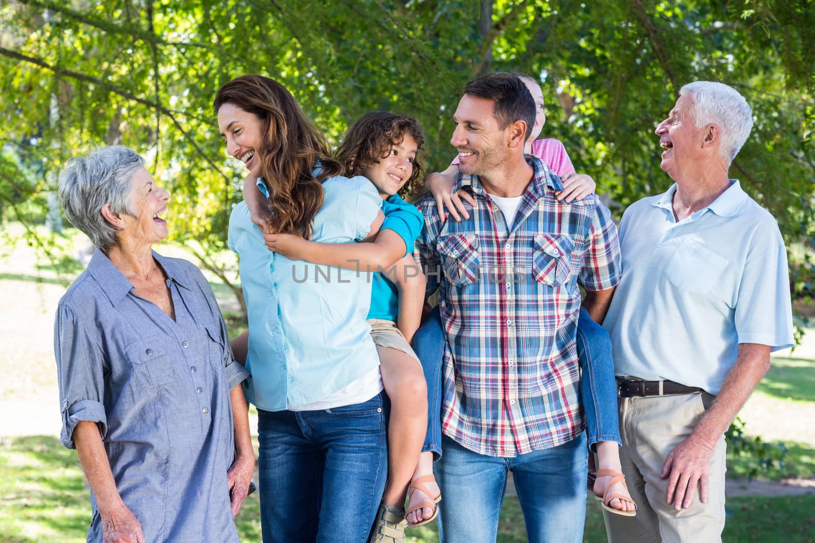 Extended family smiling in the park by Wavebreakmedia