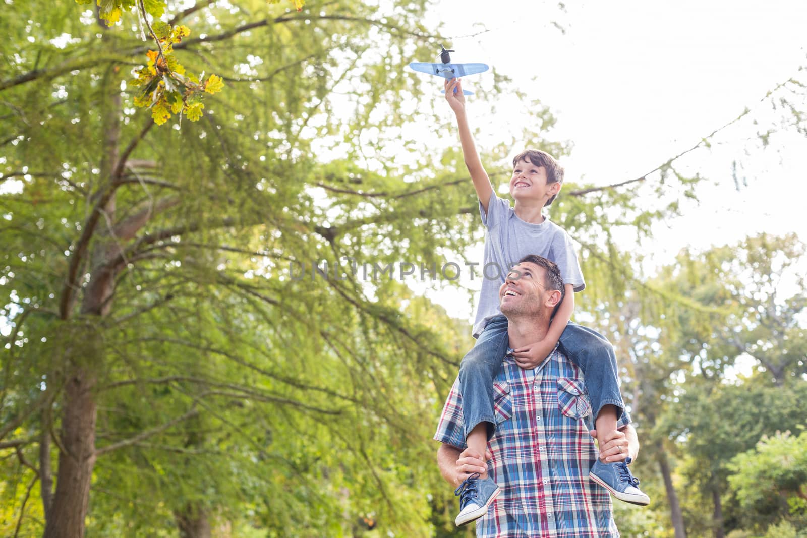 Father and son having fun in the park on a sunny day