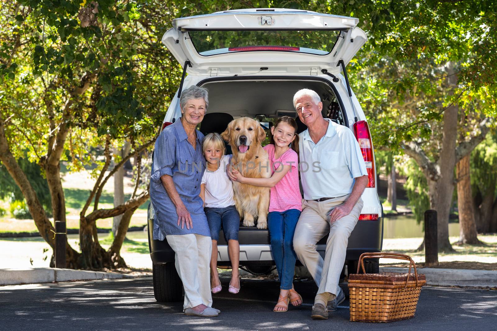 Grandparents going on road trip with grandchildren on a sunny day