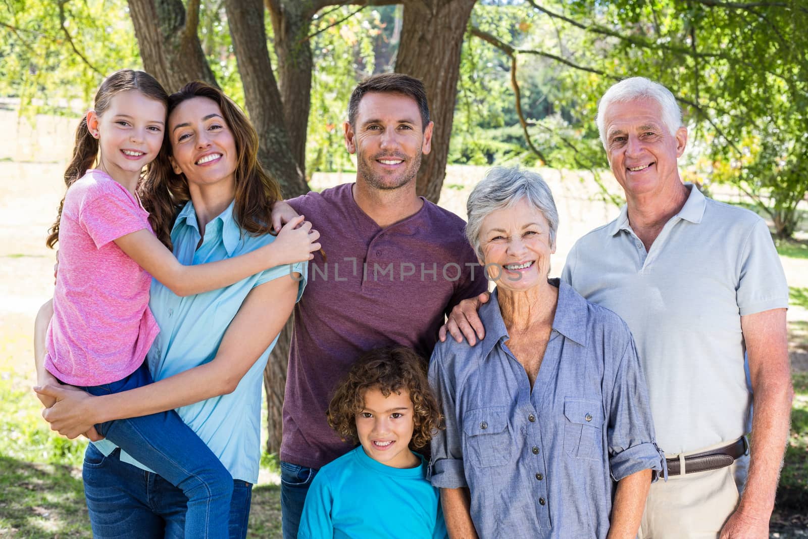 Extended family smiling in the park by Wavebreakmedia