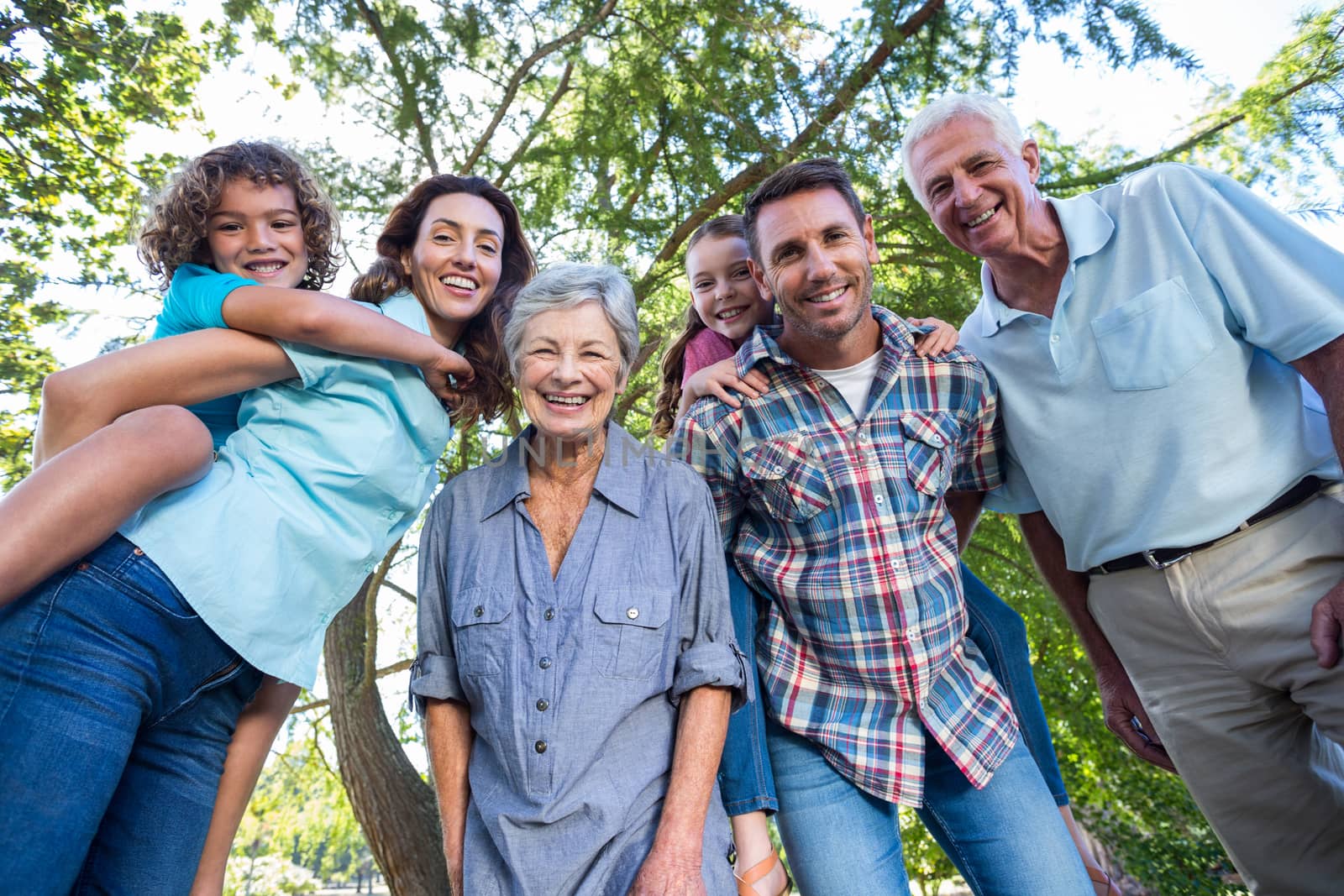 Extended family smiling in the park on a sunny day