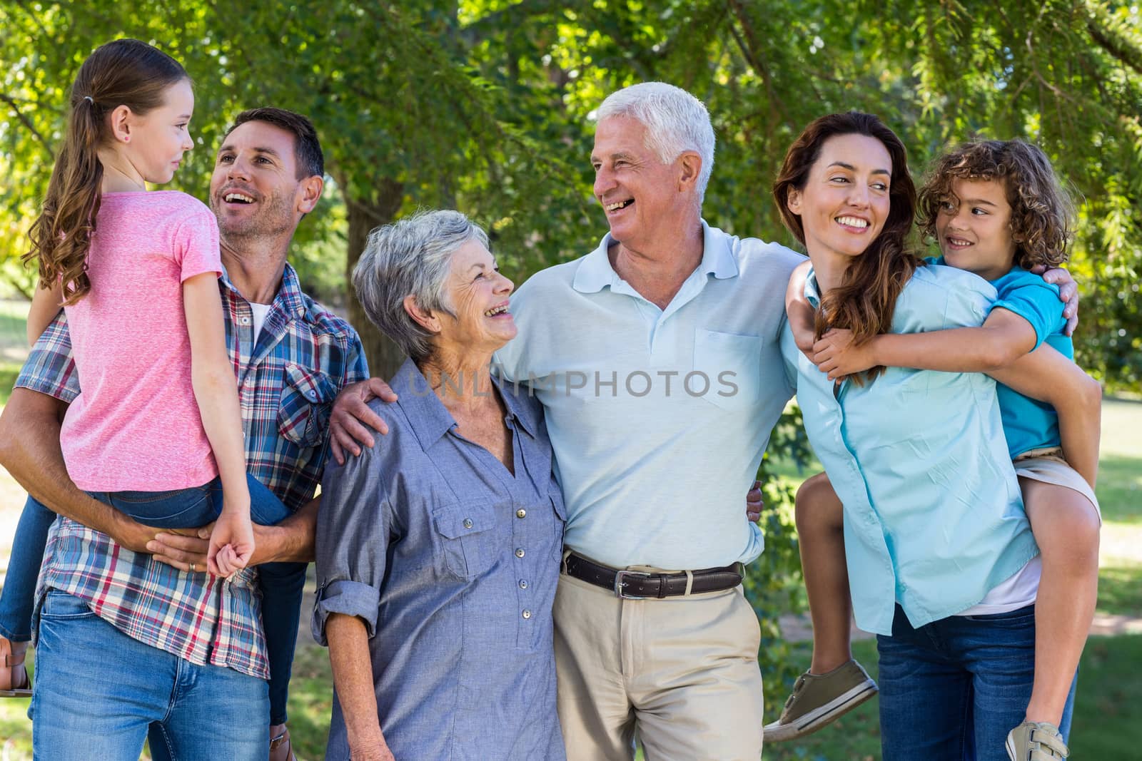 Extended family smiling in the park on a sunny day