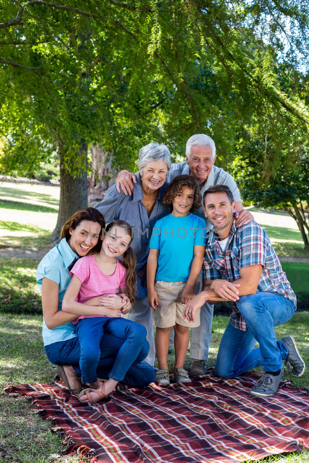 Extended family smiling in the park by Wavebreakmedia