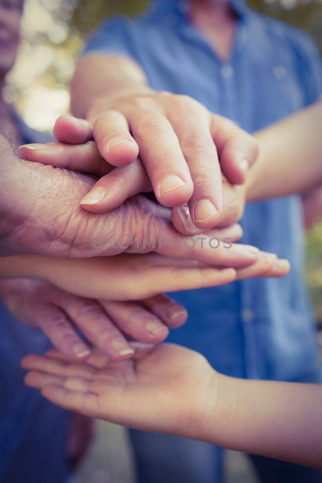 Family putting their hands together on a sunny day