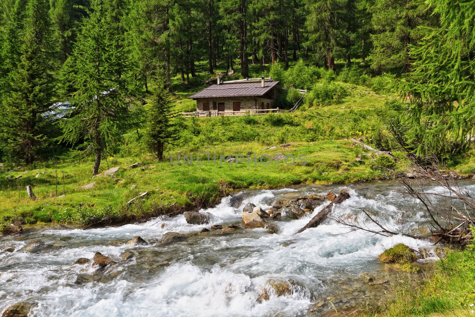 Mountain stream with a small malga in Pejo valley, Trentino, Italy