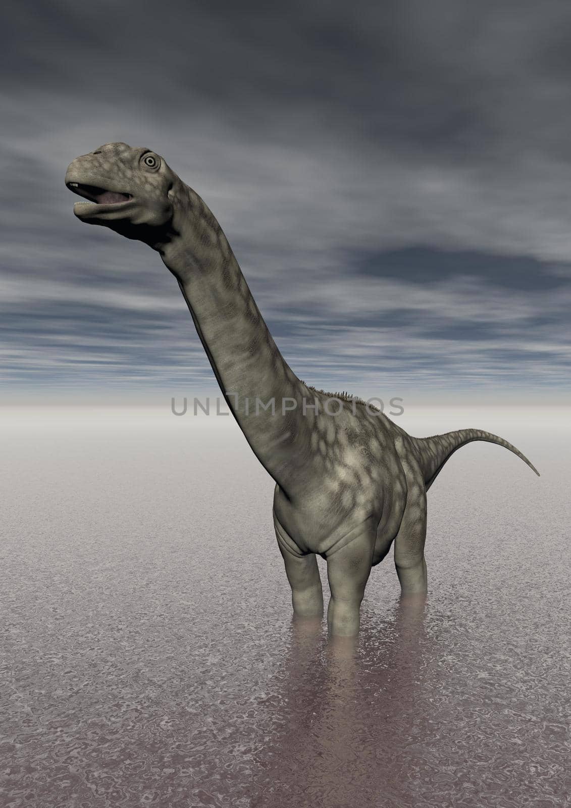 argentinosaurus dinosaur in a lake with a dark sky