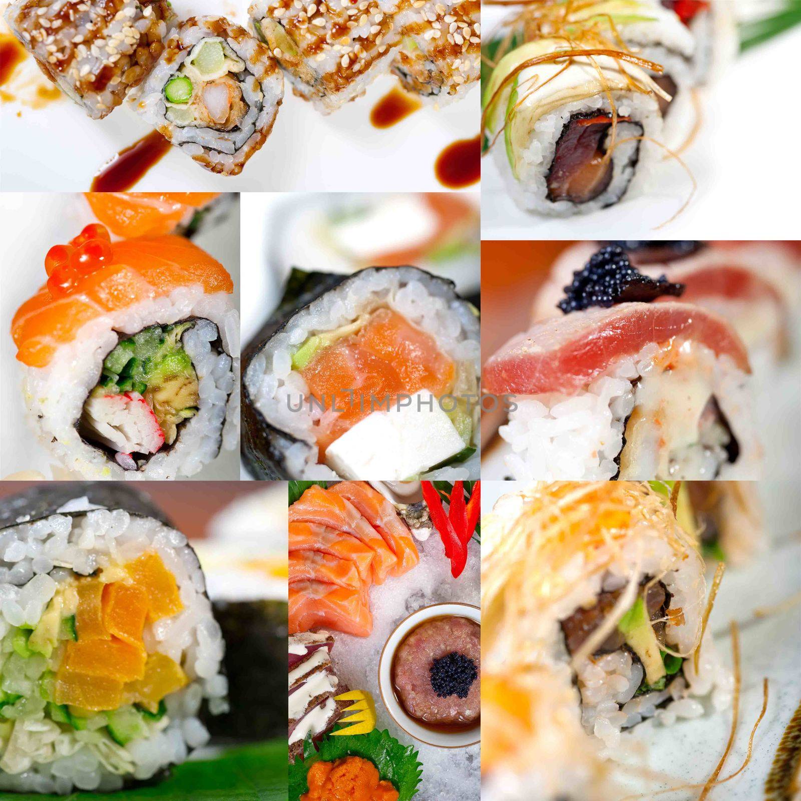 selection of many Japanese sushi dish collage over white frame 