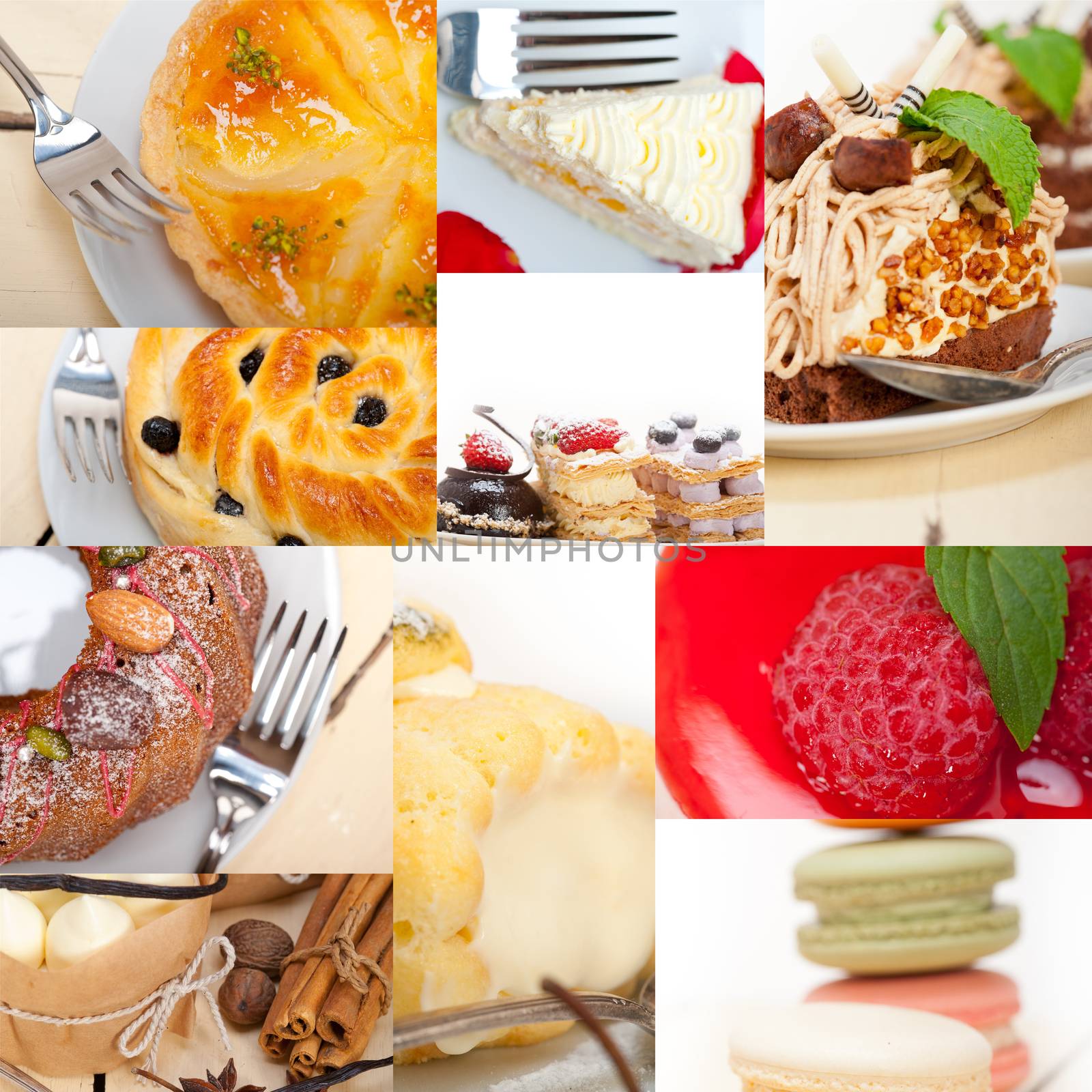 fresh colorful delicious homemade dessert cake selection composition collage 