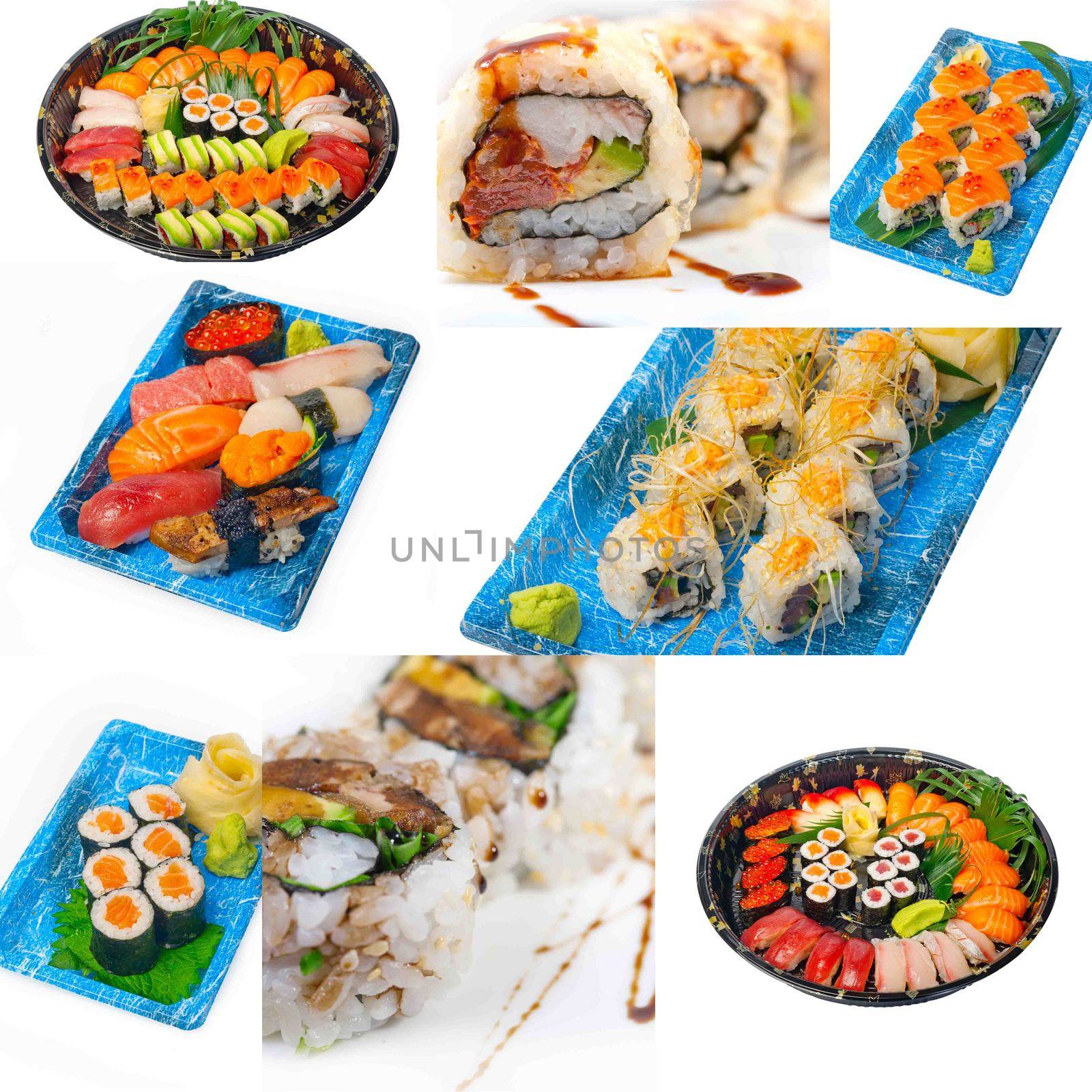 selection of many Japanese sushi dish collage over white frame 