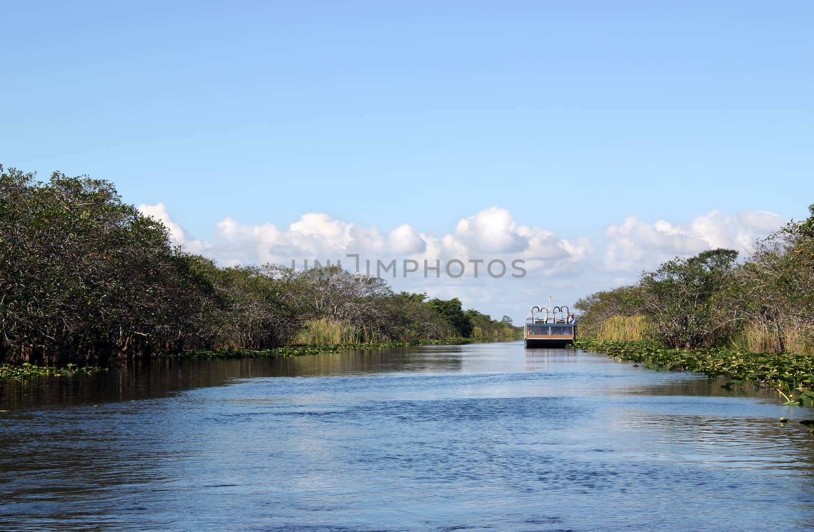Airboat on quiet lake in Everglades National Park