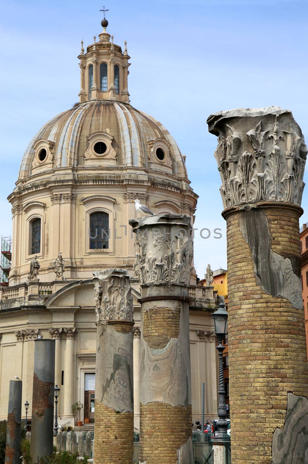 details Traian column and Santa Maria di Loreto in Rome, Italy