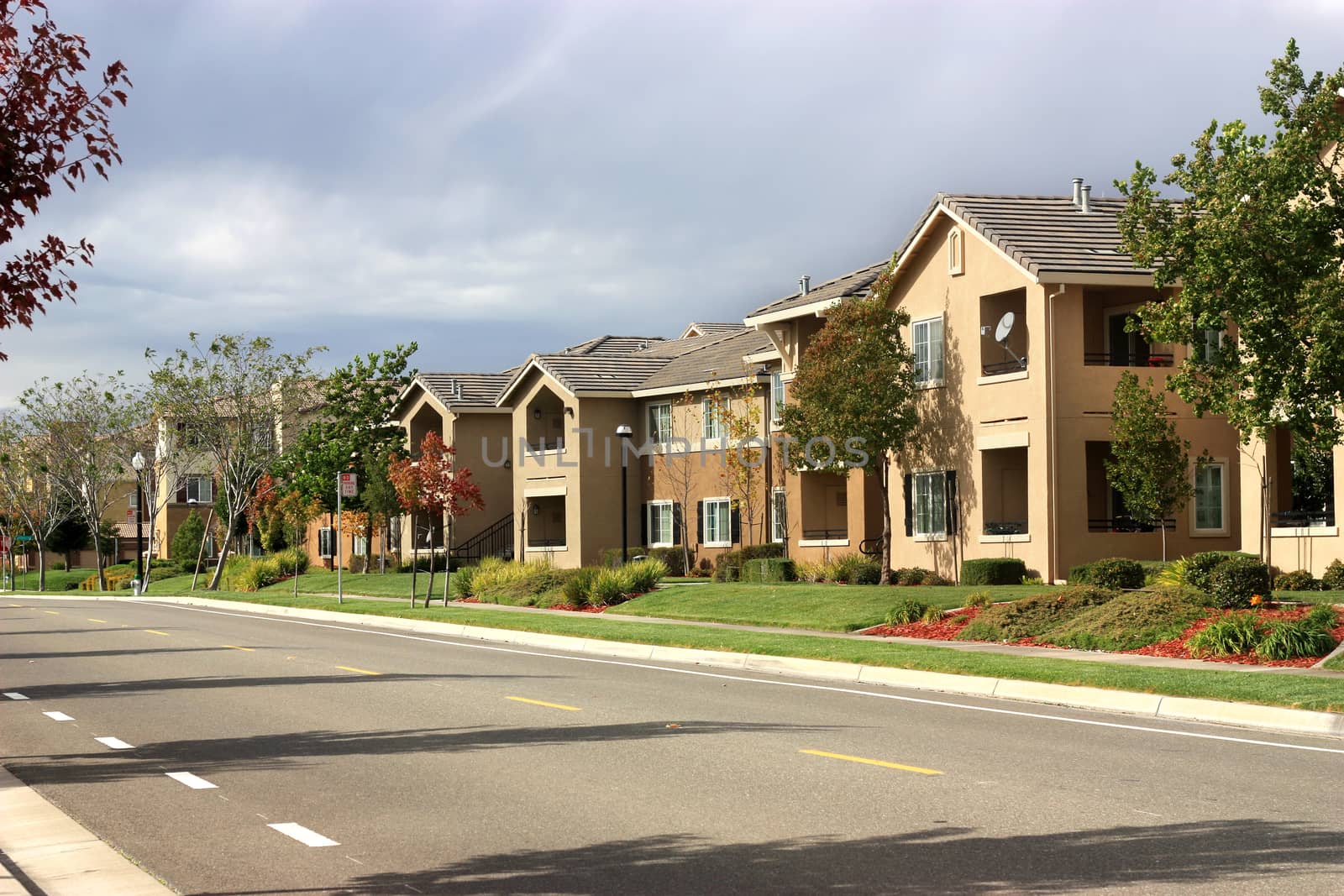 Modern apartment complex in suburban neighborhood