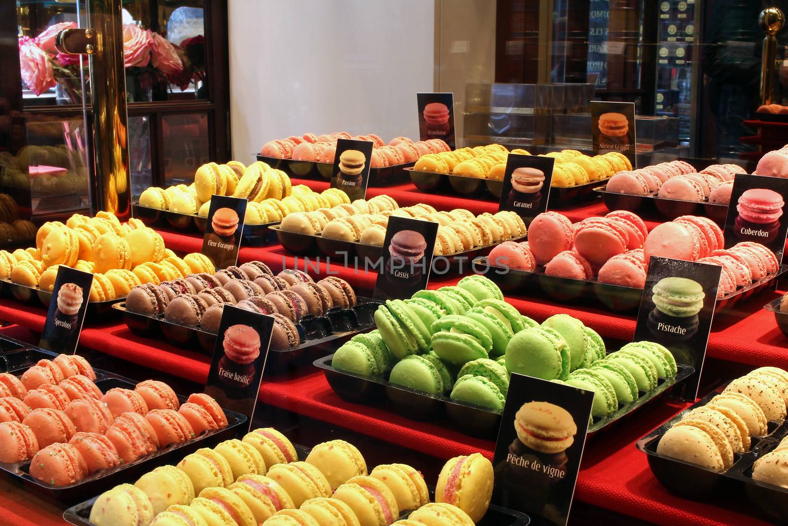 Traditional french colorful macarons in a cafe