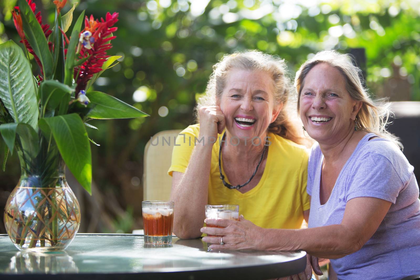 Laughing Friends at Table in Maui by Creatista