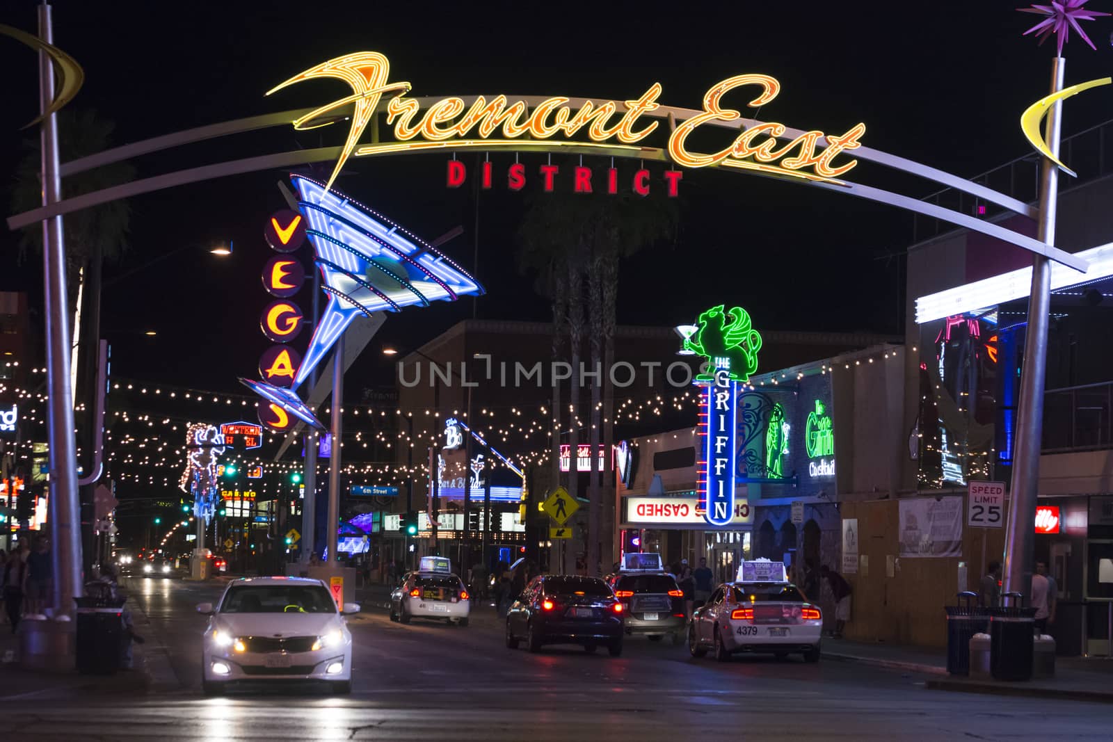 LAS VEGAS, USA - MAY 28, 2015: Neon sign is illuminated at night over Fremont street indicating beginning the Fremont East District next to the famous Fremont Street Experience in Las Vegas