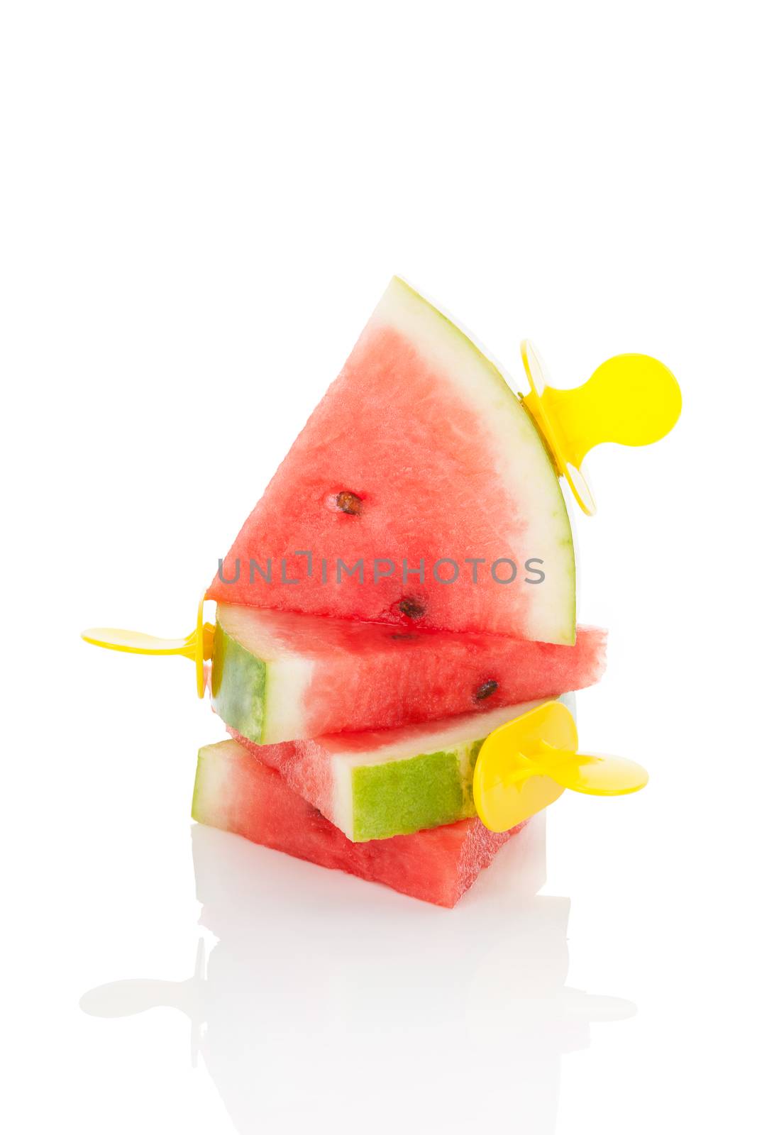 Watermelon popsicle isolated on white background. Healthy summer fruit eating. 