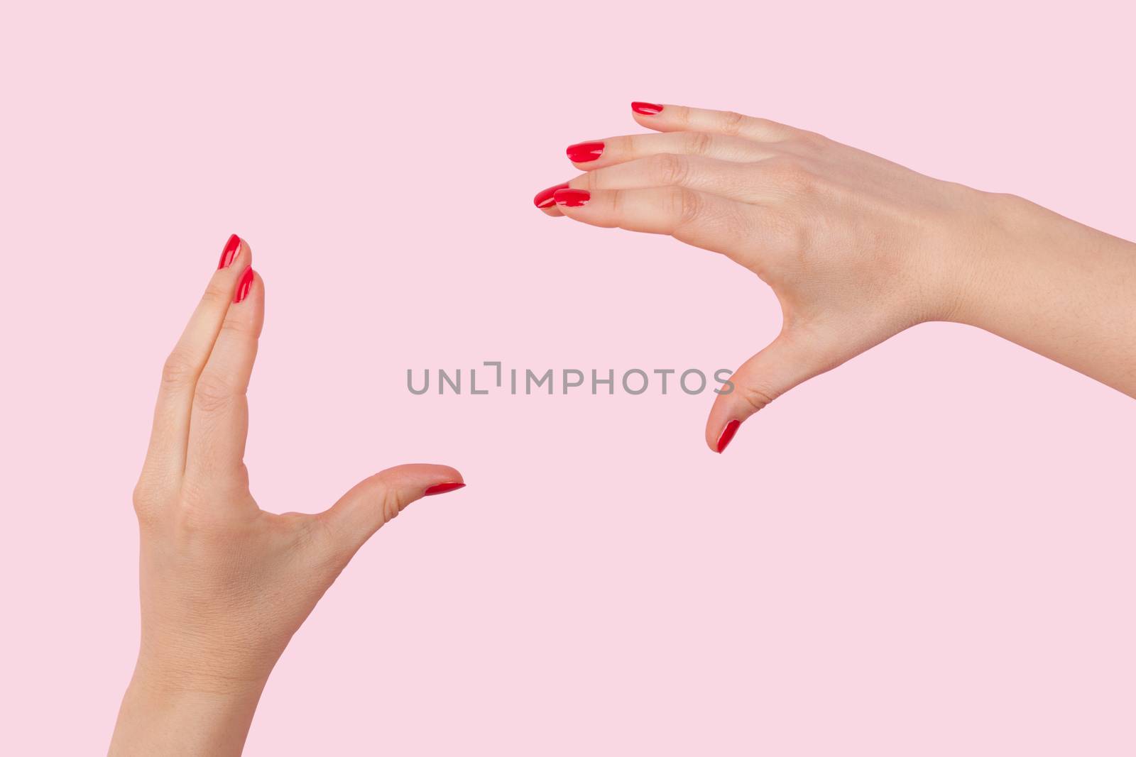 Female hands with red fingernails doing photography gesture against pink background. Nonverbal communication, vision and photography.