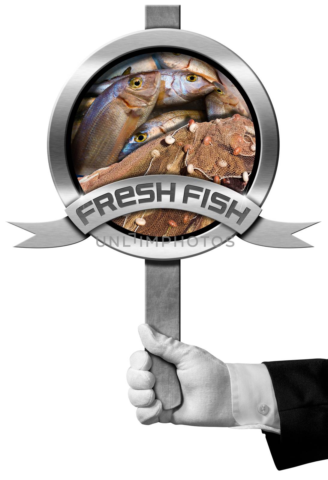 Hand of chef holding a metal sign with fresh fishes, fishing net and metal ribbon with text Fresh fish. Isolated on white background