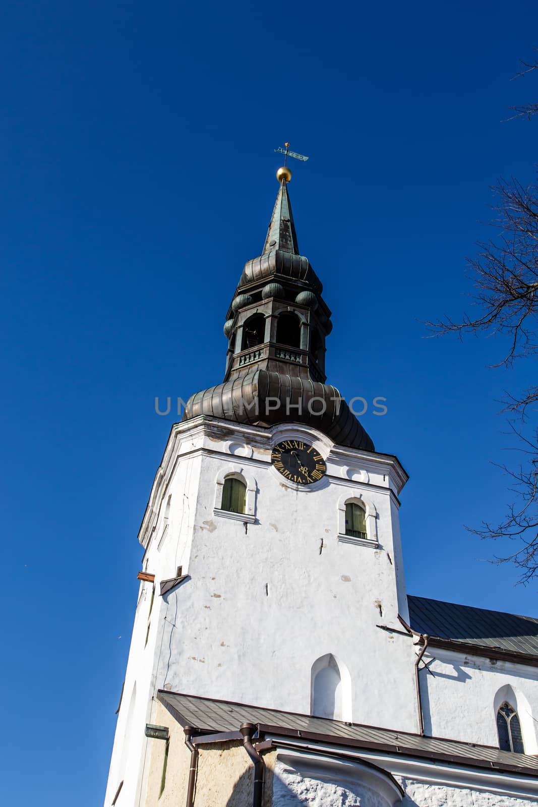 Close up detailed bottom view of the cathedral church of St Mary's located in Toompea Hill, in Tallinn, Estonia, on blue sky background.
