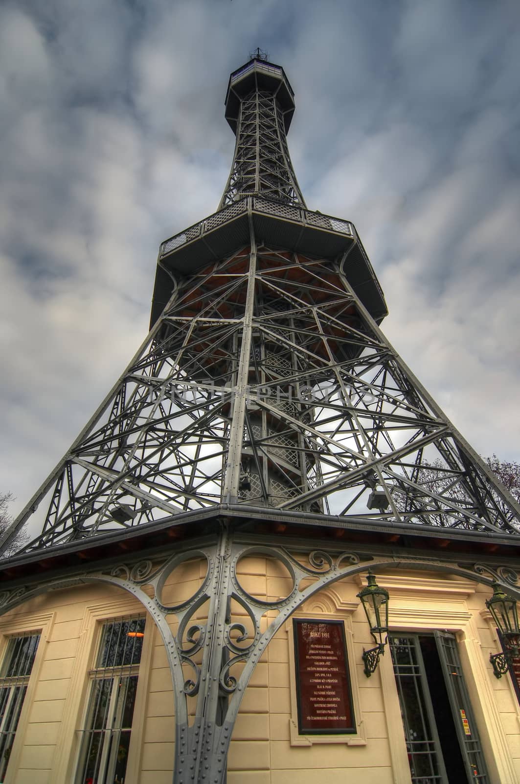 The Petrin Lookout Tower is a 63.5 metre tall steel tower in Prague, which strongly resembles the Eiffel Tower. The Petrin Lookout Tower was built in 1891 and was used as an observation tower as well as a transmission tower. Today the Petrin Lookout Tower is one of main tourist attraction. Prague, Czech republic.