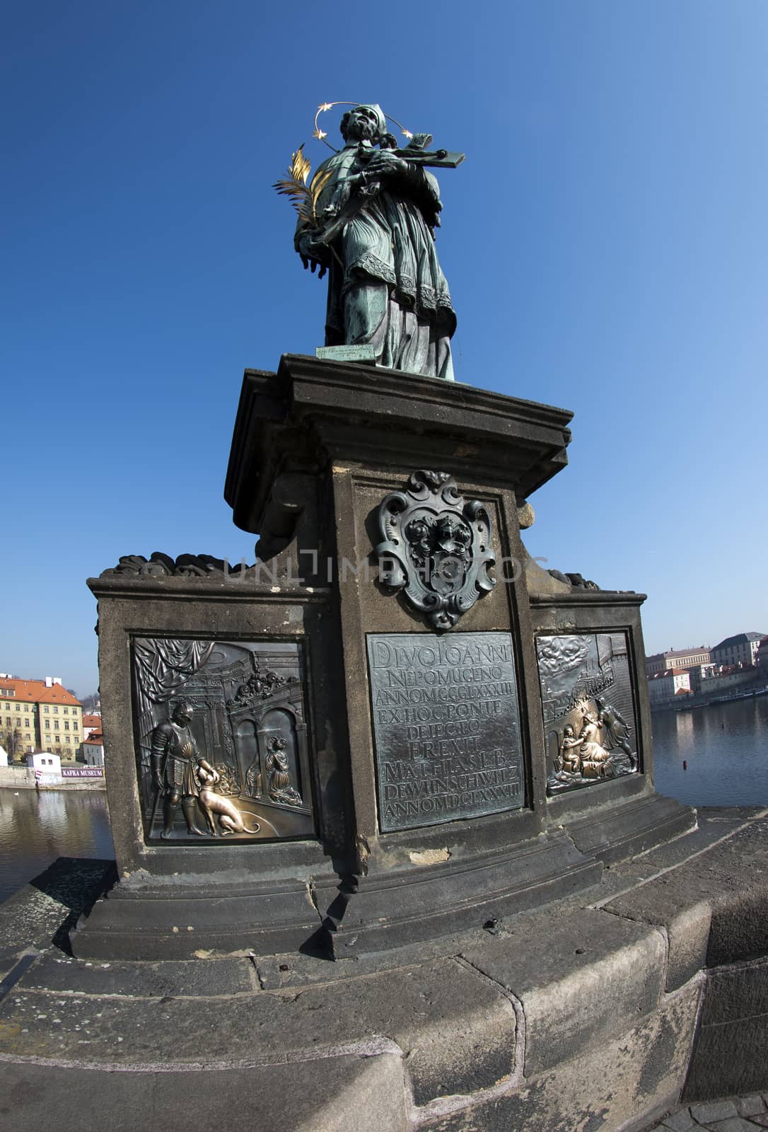 Statue of John of Nepomuk from 1683 to Charles Bridge is the most religiously and the first of a series of statues of saints on the Charles Bridge, which became one of the main focuses cult of St John of Nepomuk and a model for its representation. The statue represents the alleged martyr of the confessional, was hoisted to the expected three hundred years anniversary of the dropping of John of Nepomuk from the Charles Bridge to the Vltava river.