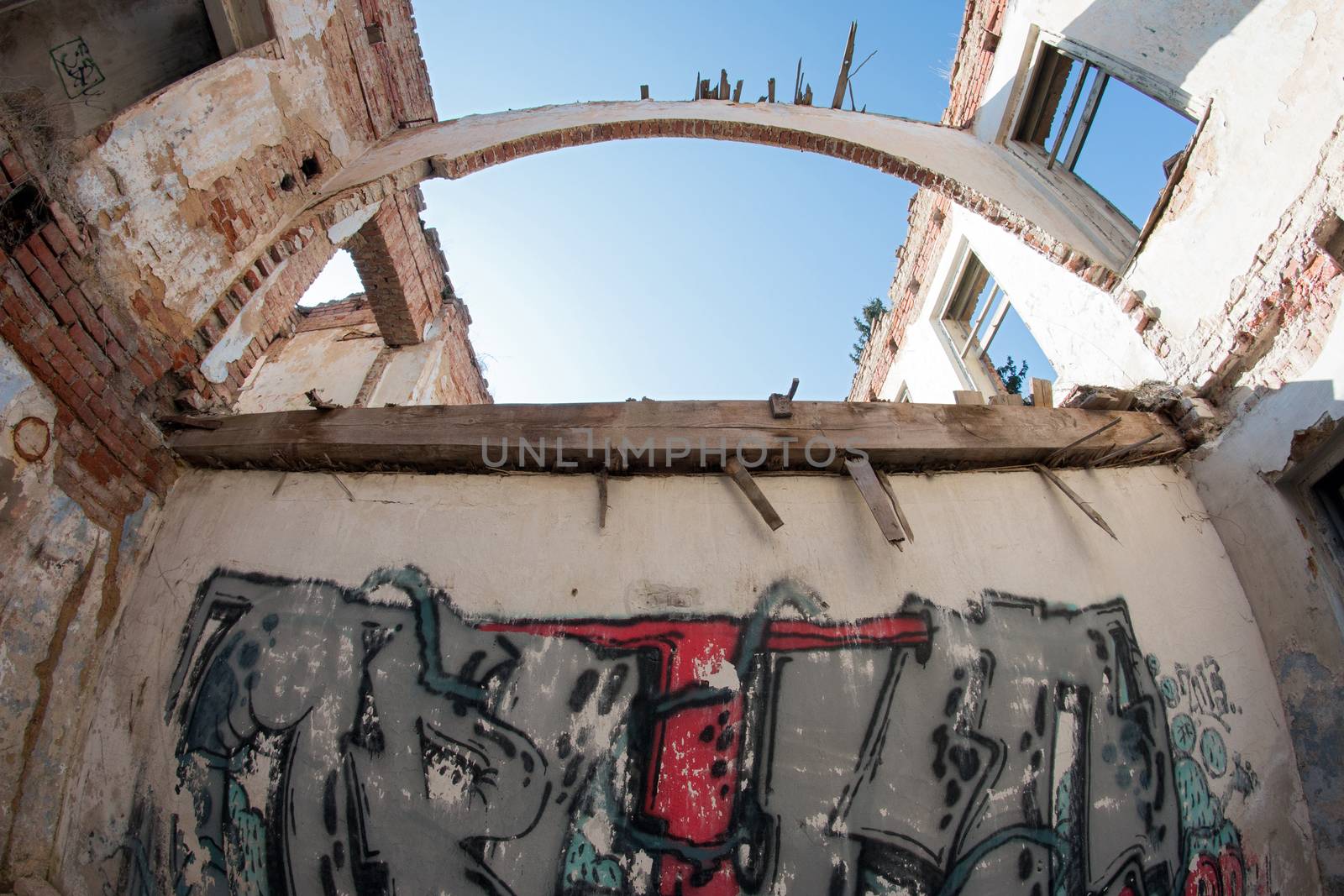 Image of the ruins of the old factory - fisheye lens -  fisheye lens view