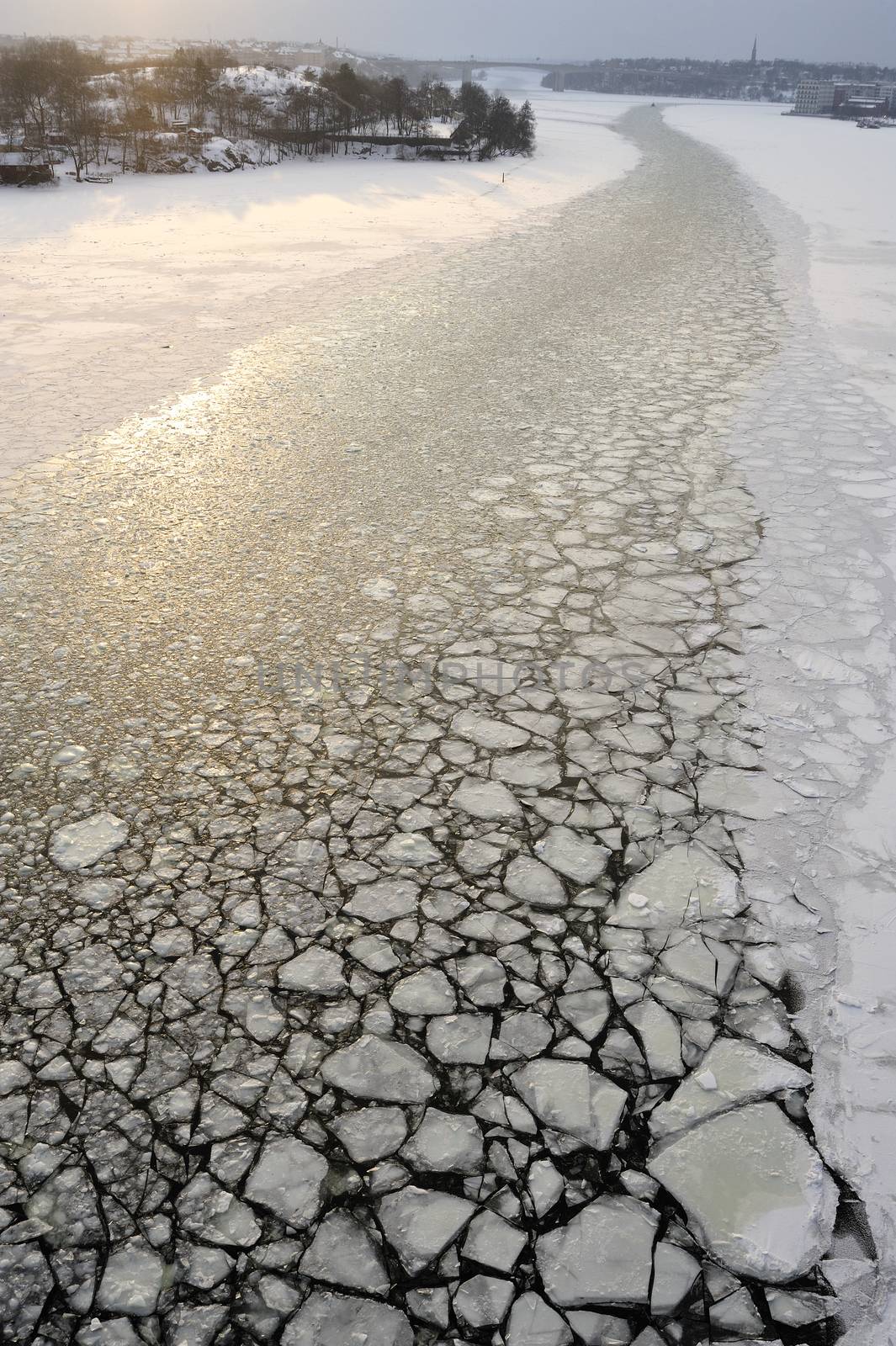 Broken Icy surface caused by ice breaker in frozen water, Stockholm, Sweden