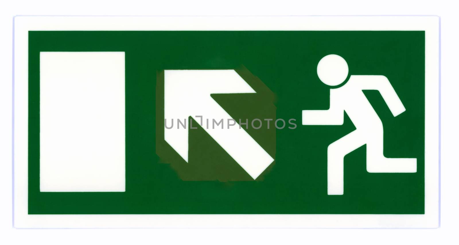 Emergency exit sign isolated on white with clipping path. Photo based, not an illustration.