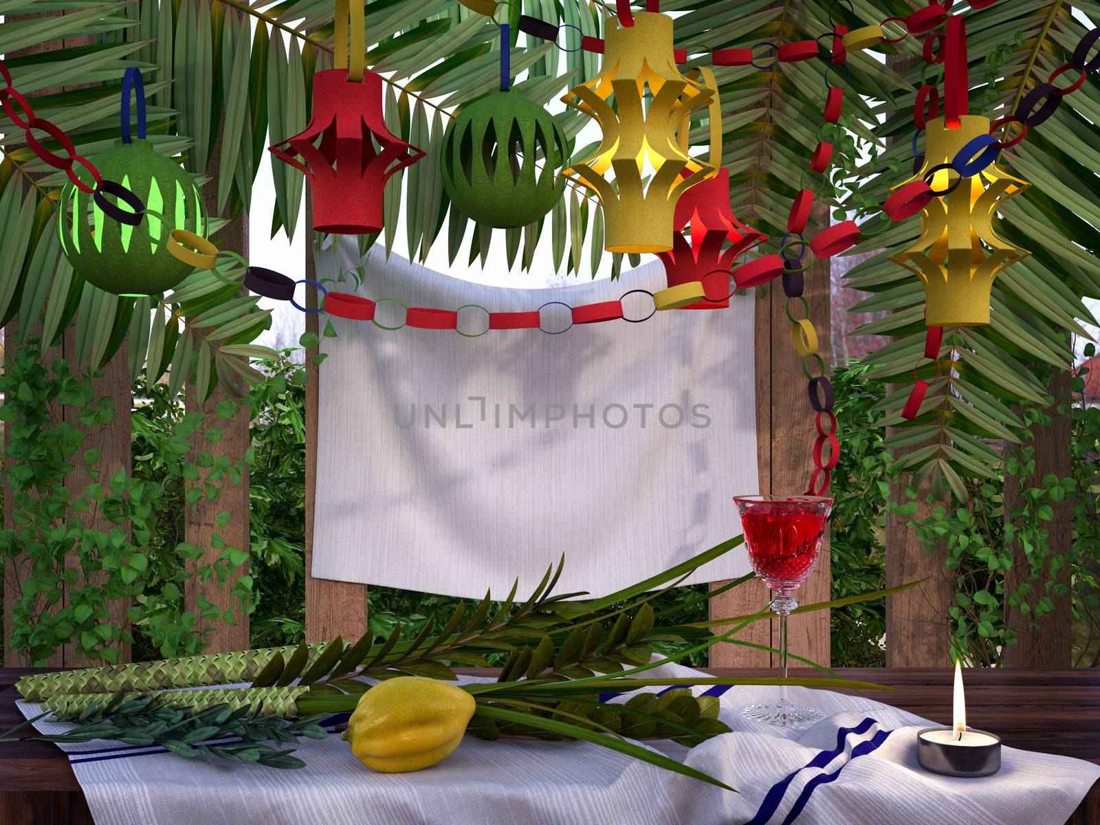 Symbols of the Jewish holiday Sukkot with palm leaves and candle by denisgo