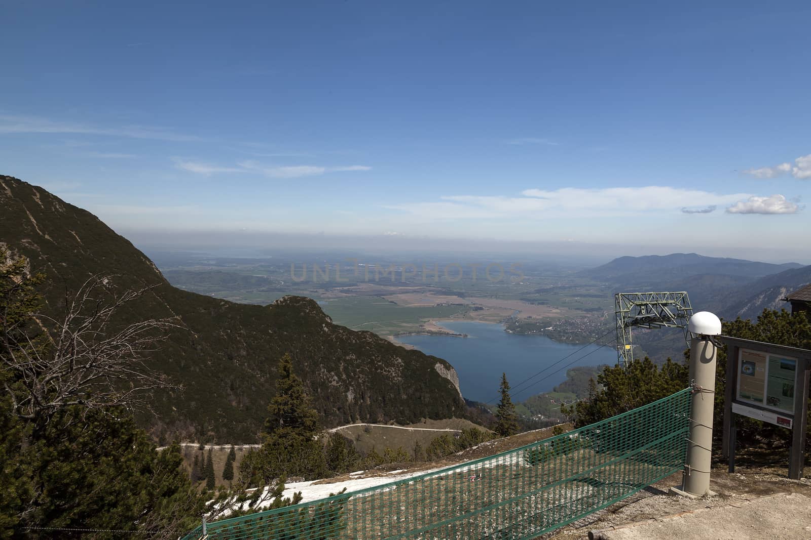 A view from a mountain top with a lake in the background