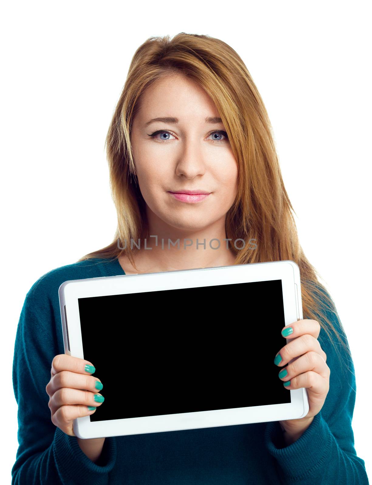Young cheerful woman is showing blank tablet, isolated over white